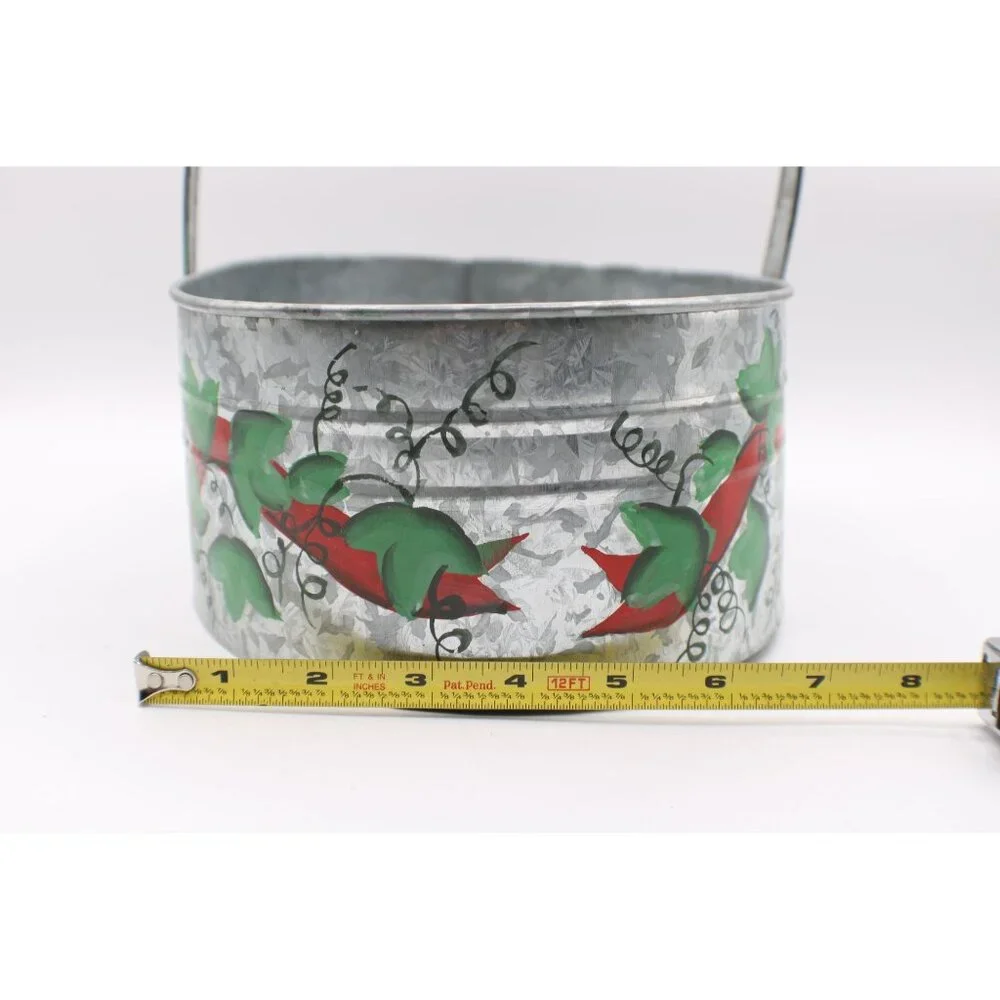 Hand-Painted Galvanized Tin Basket Handle Red Green Floral Design Decor Vintage